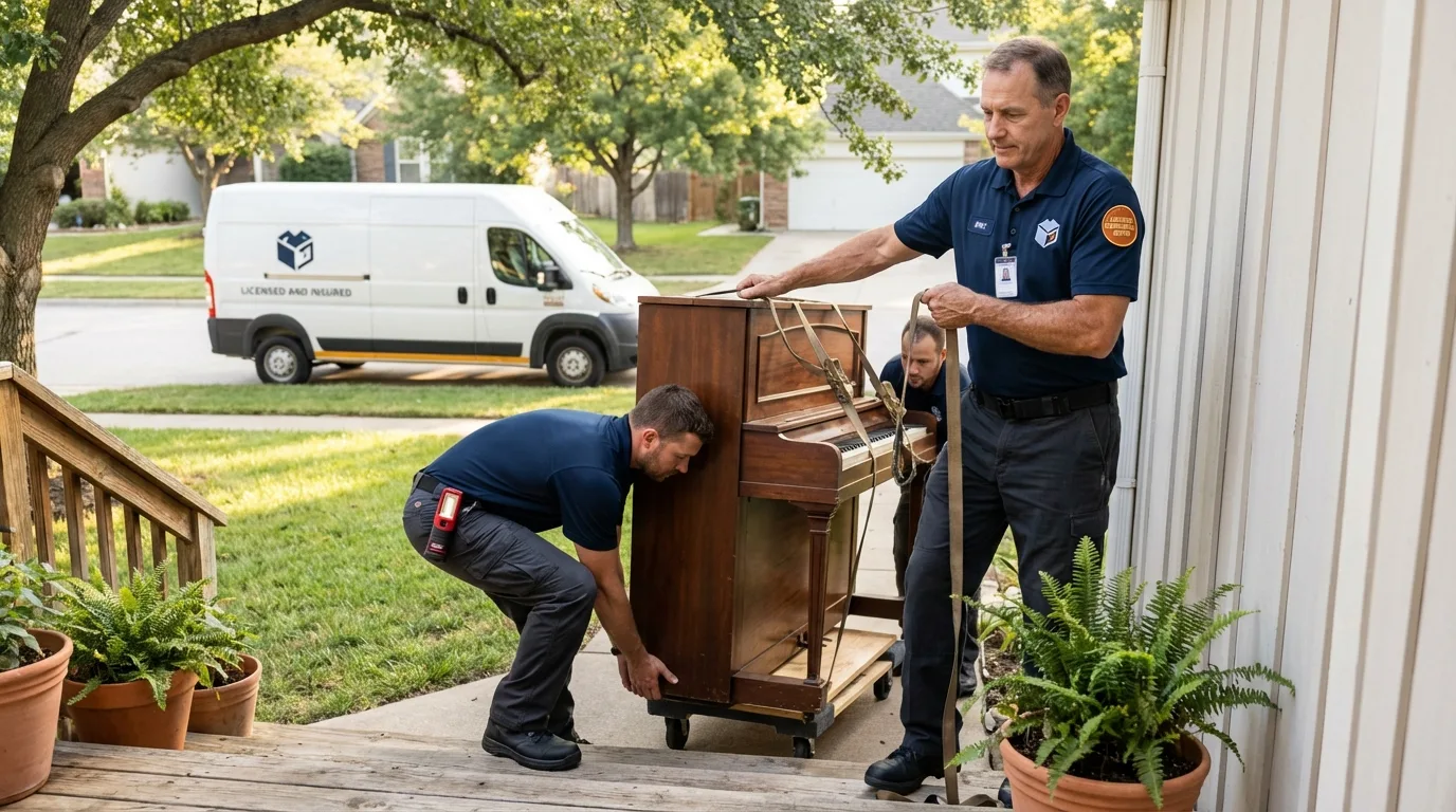 Licensed piano movers securing grand piano in North Branford, CT