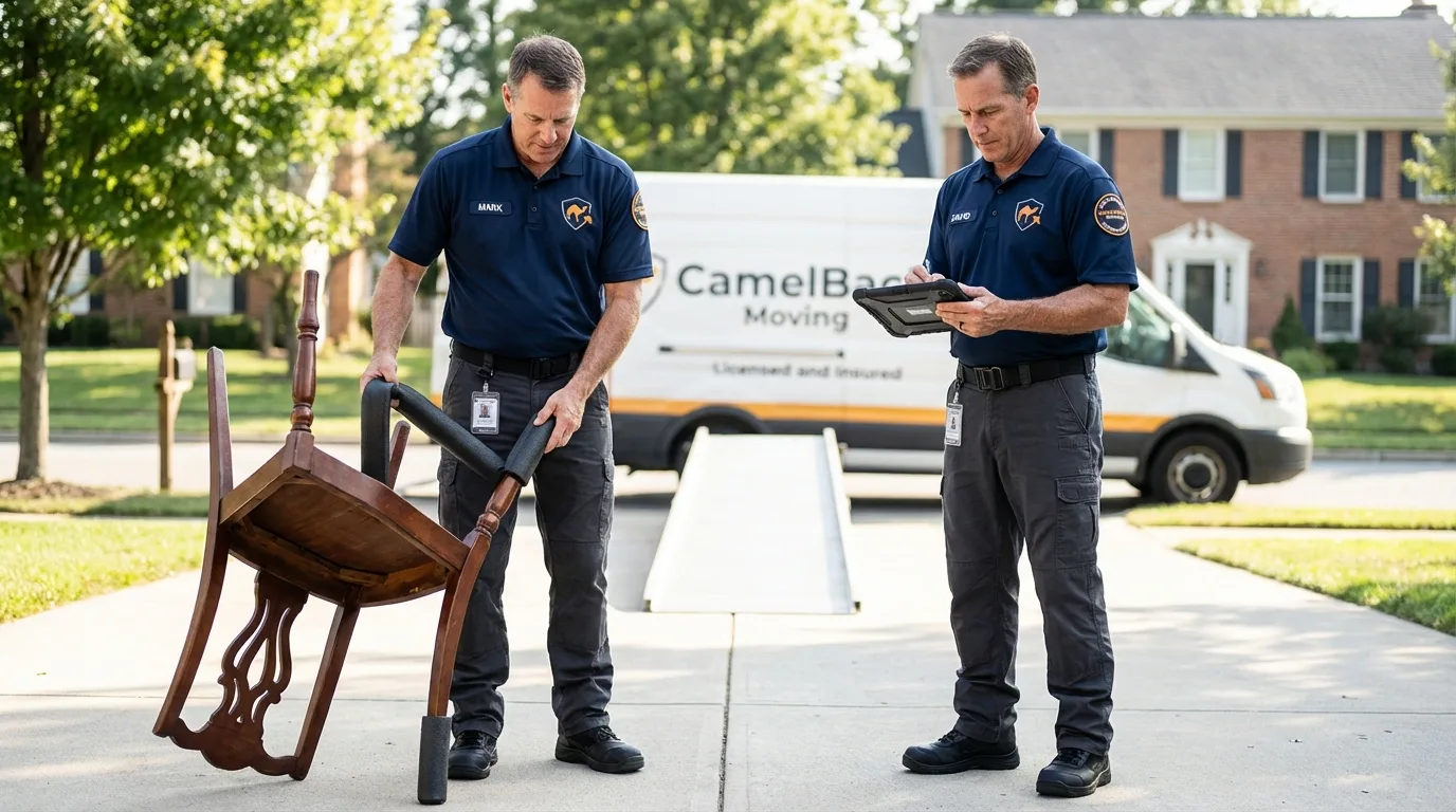 Movers inspecting furniture for damage prevention before loading in North Branford, CT