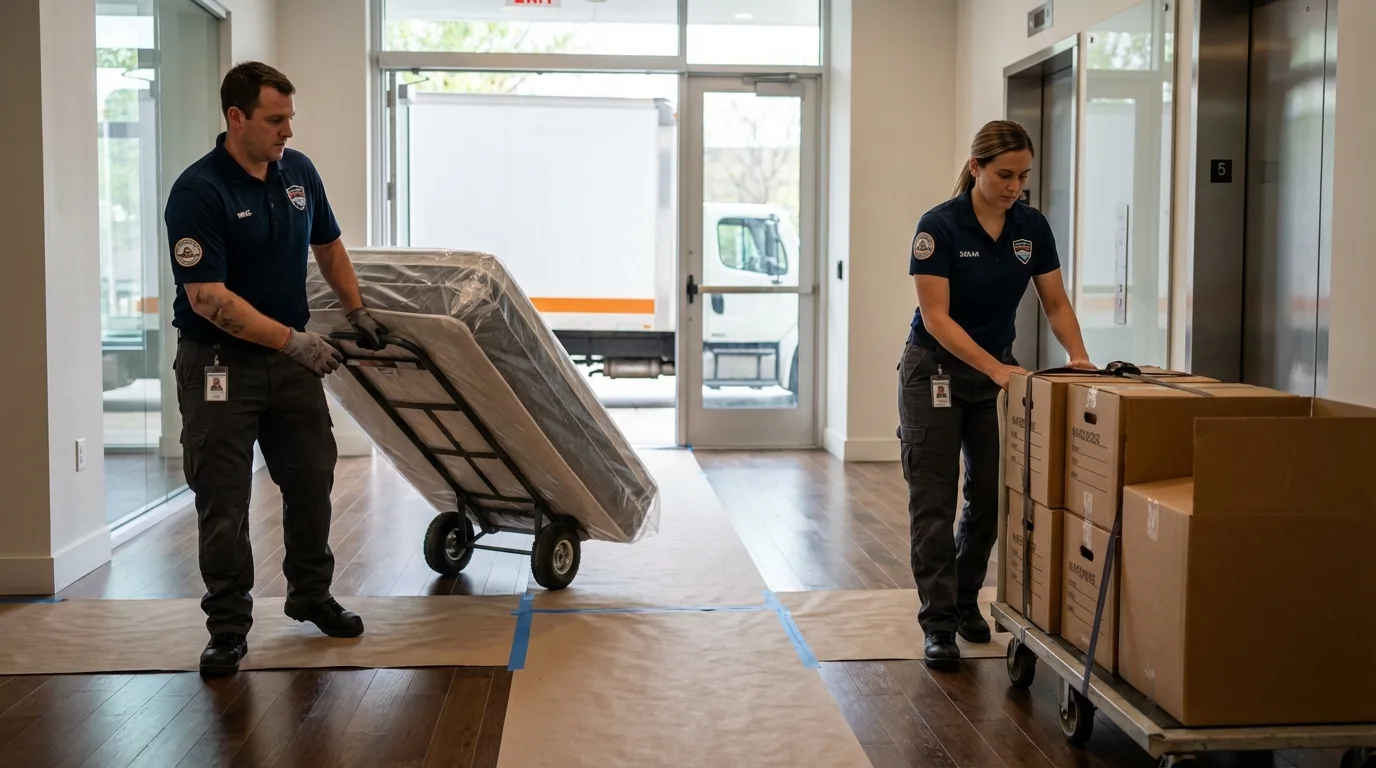Professional apartment movers loading elevator in North Branford, CT