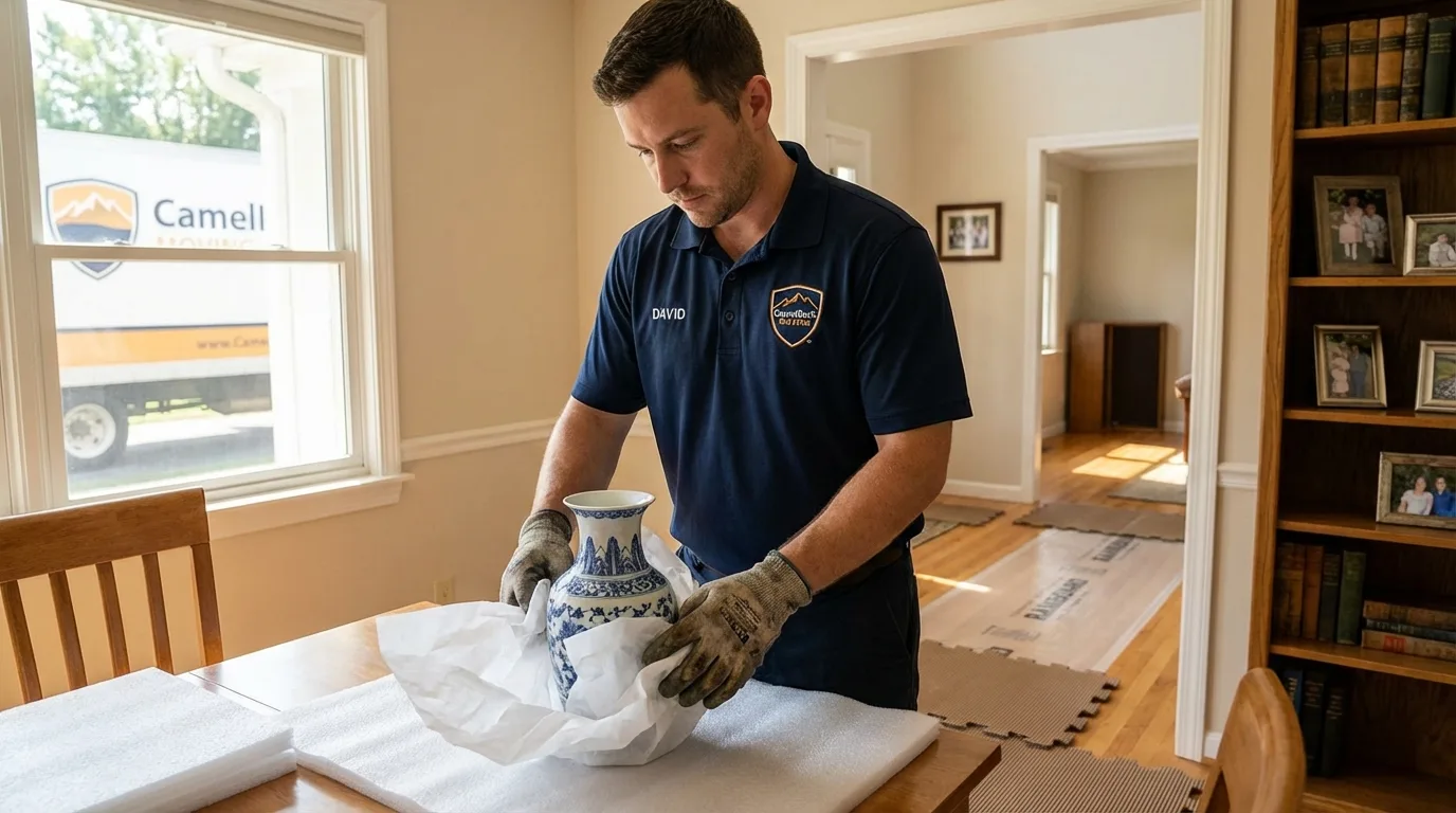 Professional crew carefully wrapping antique vase for senior downsizing move in North Branford, CT
