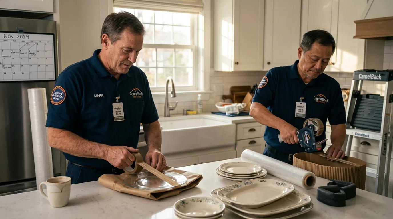 Professional crew packing kitchen dishware in North Branford, CT